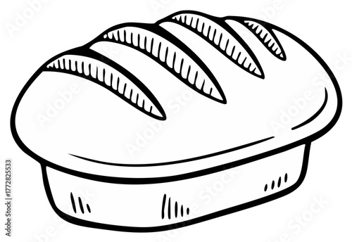 Hand drawn loaf of bread illustration with visible scoring marks in black and white for cookbooks or baking related designs