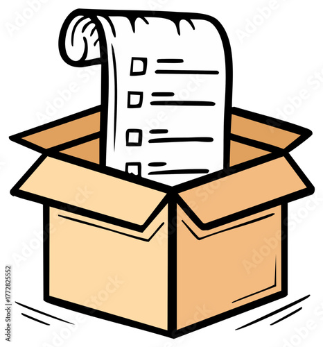 Cardboard box containing document with checklist items in cartoon style