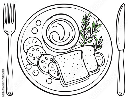 Elegant Hand Drawn Breakfast Plate with Toast, Sauce, and Citrus Illustration with Cutlery Detail Food Presentation