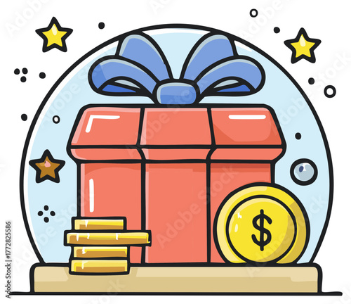 Gift Box with Coins and Stars Symbolizing Reward and Prizes