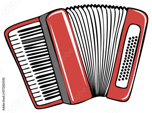 Red accordion instrument in a graphic illustration. Classical musical symbol.