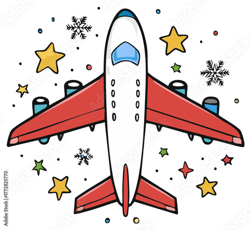Festive Airline Travel with Cartoon Plane Stars and Snowflakes