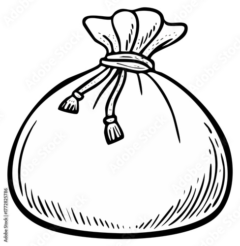 Bag of Money or Flour Sack Illustration in Black and White Outline Style