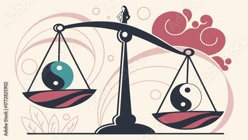 A stylized illustration of a balance scale with yin yang symbols and a person on the fulcrum point standing
