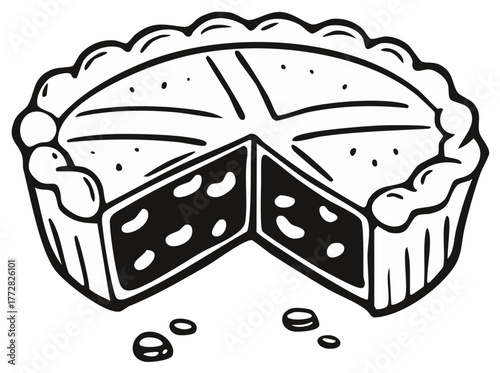 Outline illustration of a whole baked pie with one slice removed revealing internal details and crumbs