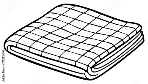 Folded quilted comforter black and white line art illustration. Cozy blanket or duvet cartoon drawing for coloring.