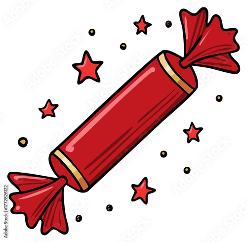 Vibrant Red Wrapped Candy with Festive Stars and Sparkles