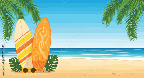 Vibrant surfboards and sunglasses await adventure on a sunny tropical beach with palm trees and ocean waves