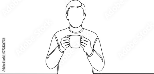 Man holding coffee cup while standing in minimalist line vector style  