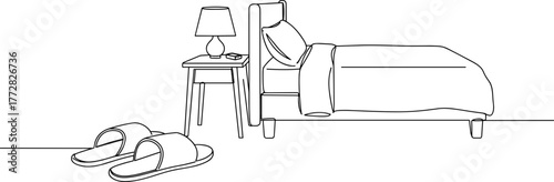 Minimalist bedroom with bed, lamp, and slippers in line vector style  