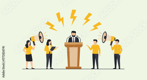 Dynamic speaker commands attention at podium while supporters rally with megaphones, amplifying message with energetic lightning bolts