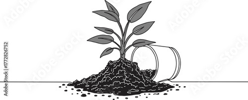 Seedling growing from soil beside overturned pot in line vector style, transparent background  