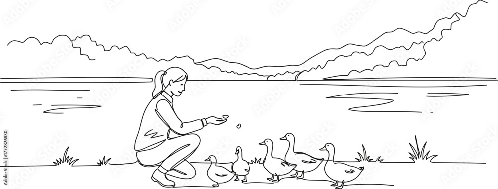Fototapeta premium Young woman feeding ducks by the lake in a line vector style, transparent background 
