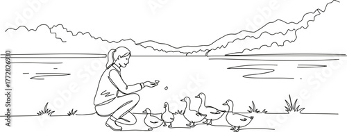 Young woman feeding ducks by the lake in a line vector style, transparent background  