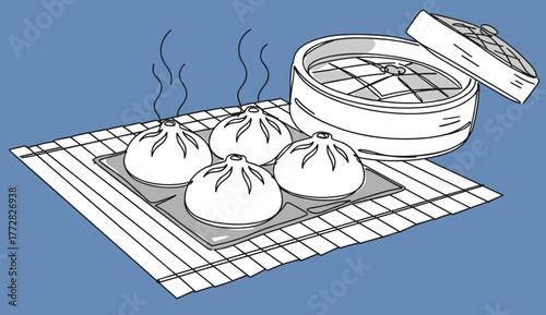 Steamed dumplings served in bamboo steamer on blue background, line vector, transparent background  