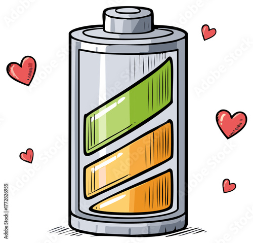 Hand drawn battery icon with hearts symbolizing energy love and power
