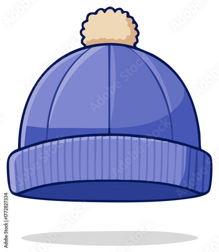 Charming blue knit winter hat with fluffy pompom accent perfect for cold weather accessories and seasonal fashion illustration