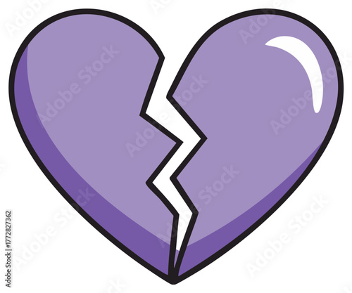 Broken heart concept, purple heart shape cartoon style with a crack in the middle