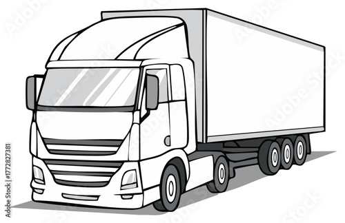 Line Art Illustration of a Large White Semi-Truck Trailer with Multiple Axles