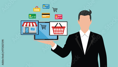 Confidently manage your online store operations from a sleek tablet displaying shopping carts, credit cards, and a digital storefront