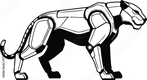 Vector Robotic panther walking on white background black and white silhouette illustration