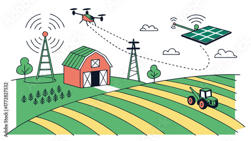 A farm scene with a drone flying over a barn, a tractor in a field, and communication towers in the distance