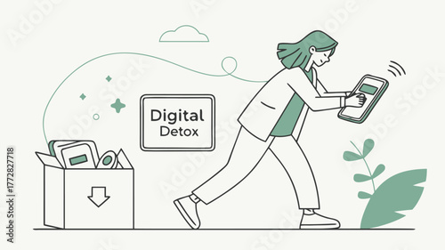 A woman in a suit is walking away from a box labeled digital detox while holding a tablet in her hands