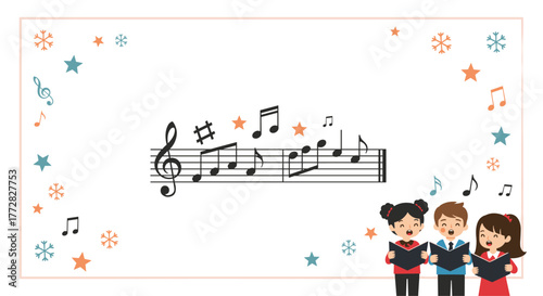 Joyful children singing holiday carols with musical notes and snowflakes, perfect for festive celebrations and winter events