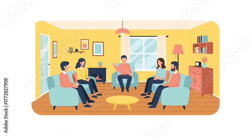 Diverse group of people engaged in supportive conversation around a coffee table in a cozy, inviting living room setting