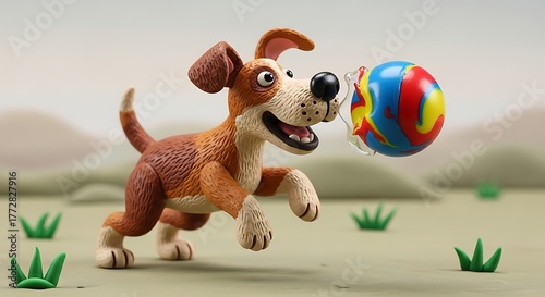 Playful Clay Dog Catching Colorful Ball on Beige Background: Handmade Canine Sculpture Chasing Sphere in Childlike Style, Whimsical Animal Toy Art