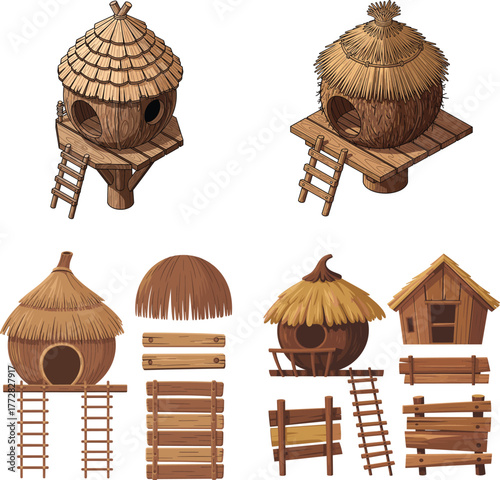 Isometric Thatch Hut and Wood Building Game Asset Kit