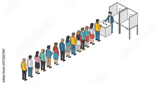 Diverse citizens patiently queue to cast their votes at polling stations, exercising their democratic rights with civic duty and anticipation