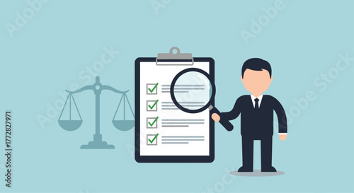 Diligent businessman meticulously reviews checklist with magnifying glass beside justice scales, symbolizing careful analysis and legal compliance