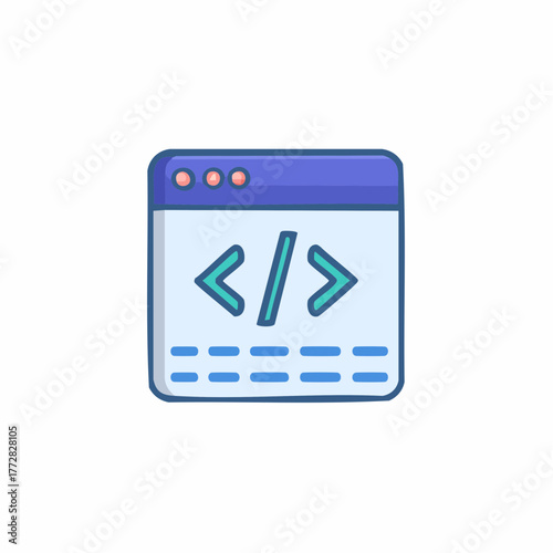 Web development and programming code icon in a browser window cartoon illustration