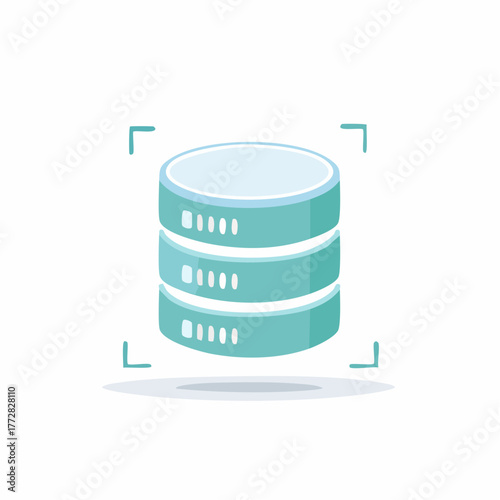 Three dimensional teal and blue database stack icon with simple framing lines
