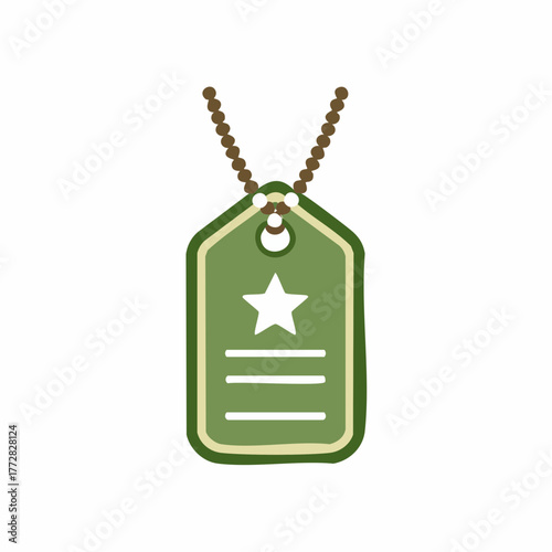Olive green military dog tag illustration featuring a white star and identification lines on a bead chain