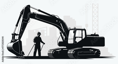 Excavator and Construction Worker Silhouettes – Urban Building Site with Crane and Machinery