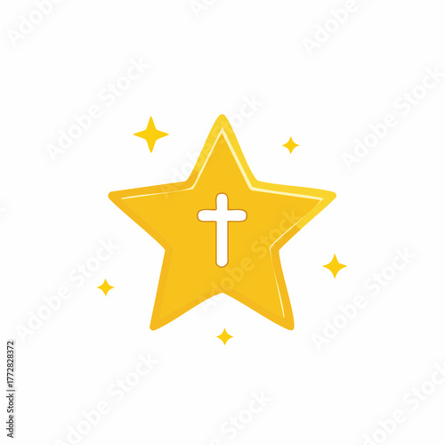 Golden Christian Cross Inside a Star, Religious Symbol Isolated on White Background