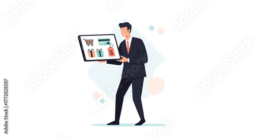 Confident businessman showcasing online shopping interface with credit card, shopping cart, and gift icons for e-commerce growth
