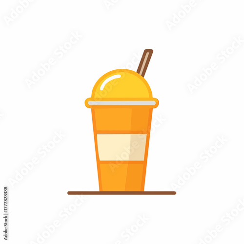 Refreshing orange beverage cup with yellow dome lid and straw flat design illustration