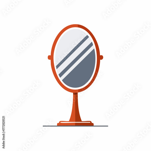 Oval tabletop mirror with red frame and a reflective surface showing geometric shapes