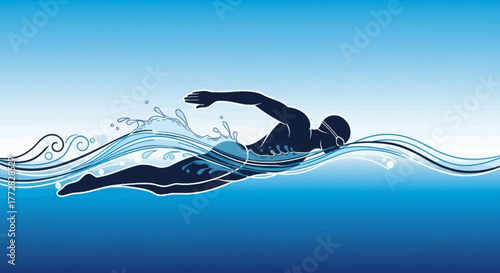 Freestyle Swimmer in Motion – Dynamic Aquatic Stroke with Splash and Blue Gradient Background