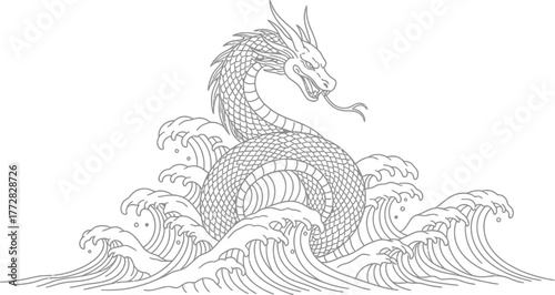 Dragon waves sea ocean mythical creature serpent water illustration art line