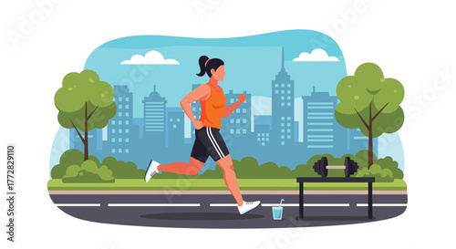 Active woman jogging through city park with weights nearby, embracing a healthy urban lifestyle and outdoor fitness journey