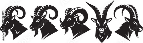 Collection of five stylized black silhouette goat heads with impressive horns on white background