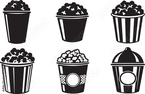 Collection of six stylized black and white popcorn buckets and cups filled with popcorn on a white background