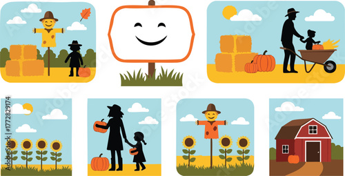 Autumn Harvest Scenes Farmers Scarecrows and Sunflowers in a Whimsical Illustration.