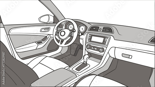 Illustration of a car interior showing the dashboard steering wheel and seats in black and white style