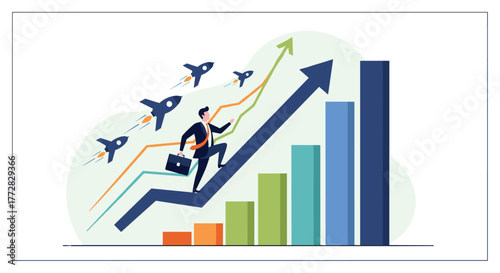 Driven businessman climbs upward arrow graph alongside soaring rockets, symbolizing rapid business growth and success