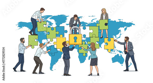 Diverse business team collaborates on global puzzle, securing success with a key lock symbol for international strategy